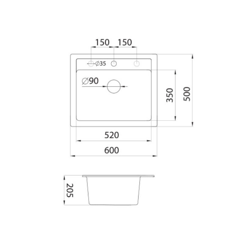 Metalac granitna usadna sudopera xQuadro 60 bela 600x500 Ø90