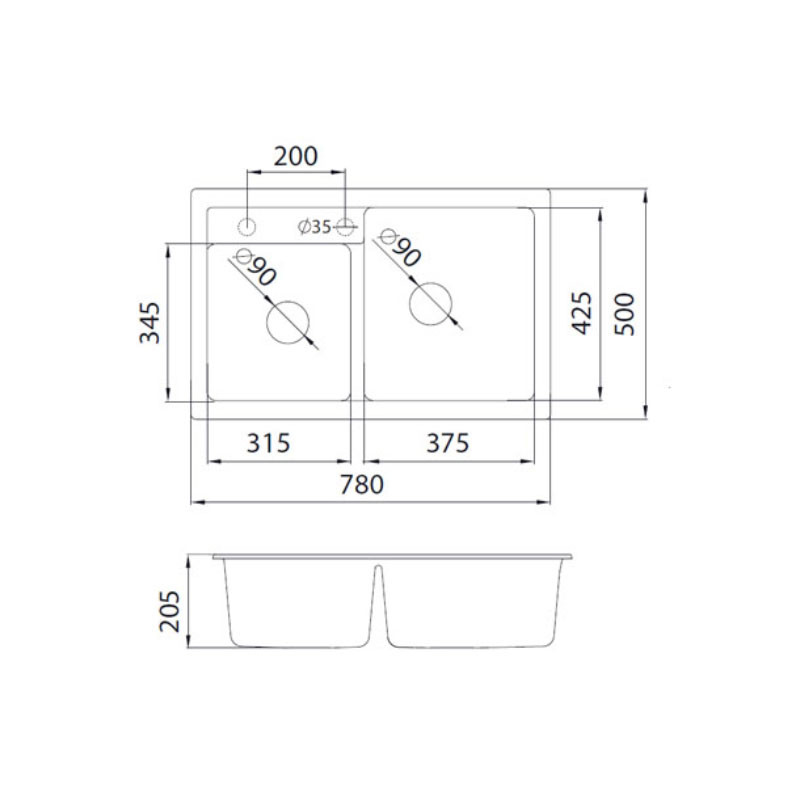 Metalac granitna usadna sudopera xQuadro Plus 2D bela 780x500 Ø90