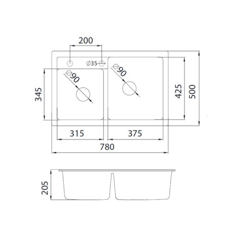 Metalac granitna usadna sudopera xQuadro Plus 2D crna 780x500 Ø90